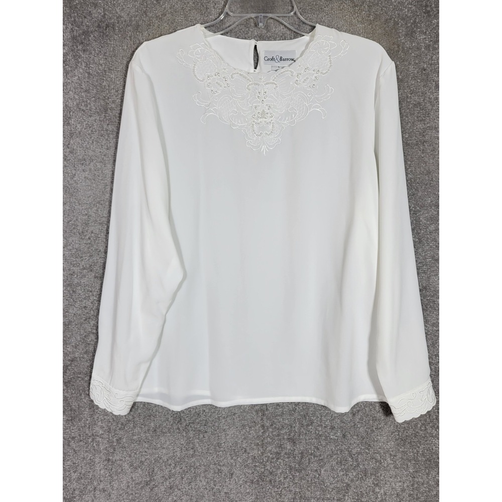 Vintage Croft & Barrow Top Womens Size Large White‎ Beaded Embroidery Blouse